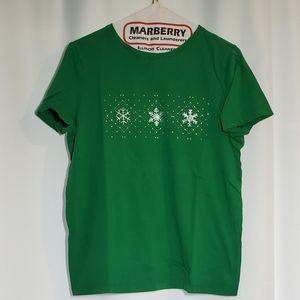 Green Christmas T-Shirt with Metallic Silver Snowflakes